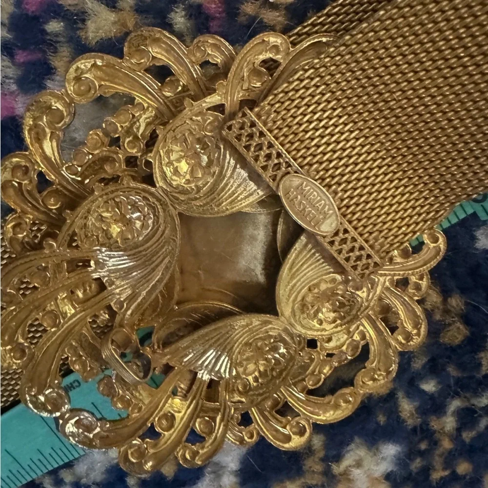 Miriam Haskell Vintage Gold Mesh Belt Black Gem Statement 80s Glam 26”